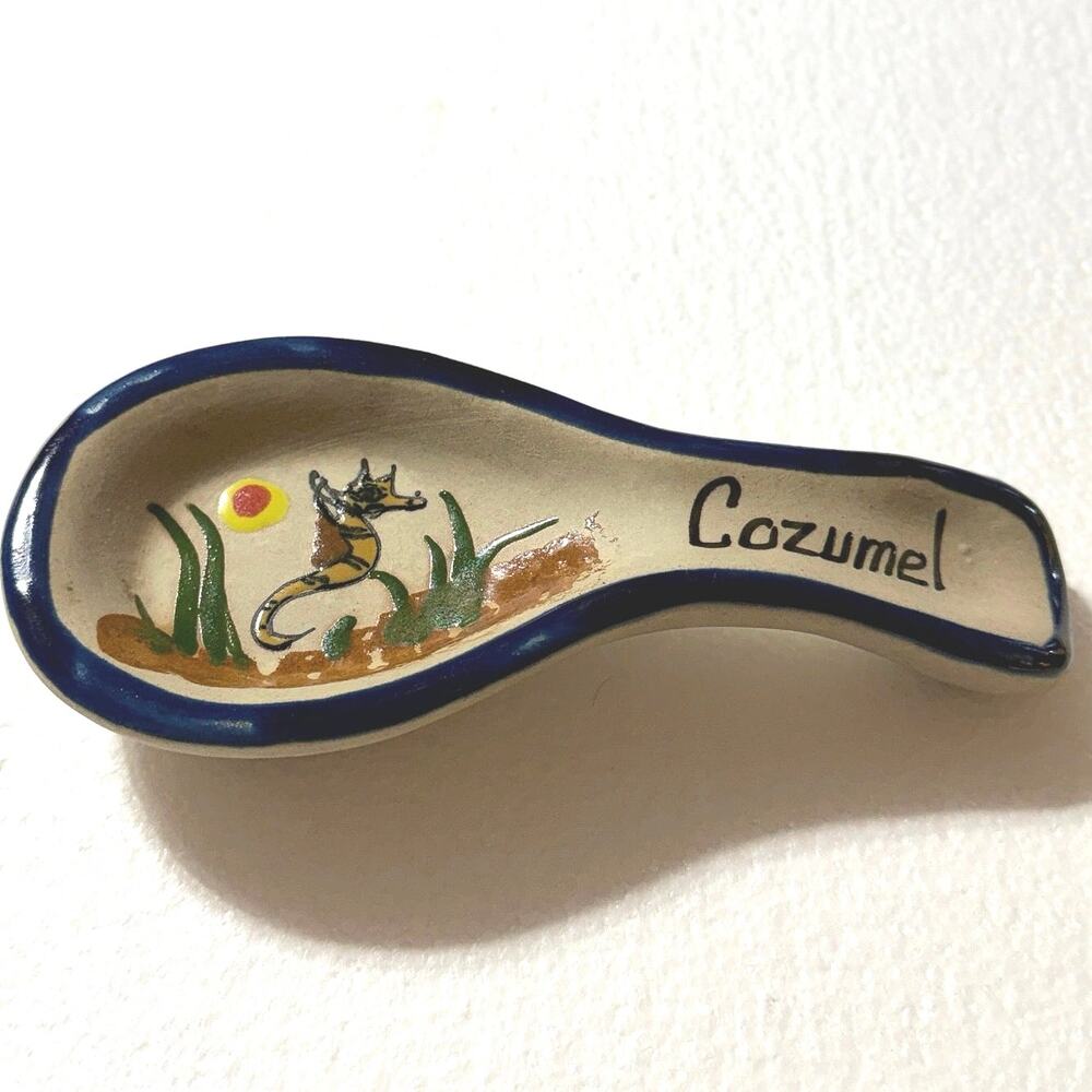 Cozumel Seahorse Mexican Pottery Spoon Rest Blue Trim Coastal Kitchen